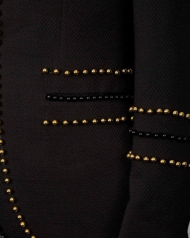 Stylish Dark Gray 3 Pieces Peaked Lapel Prom Suits With Gold Beading