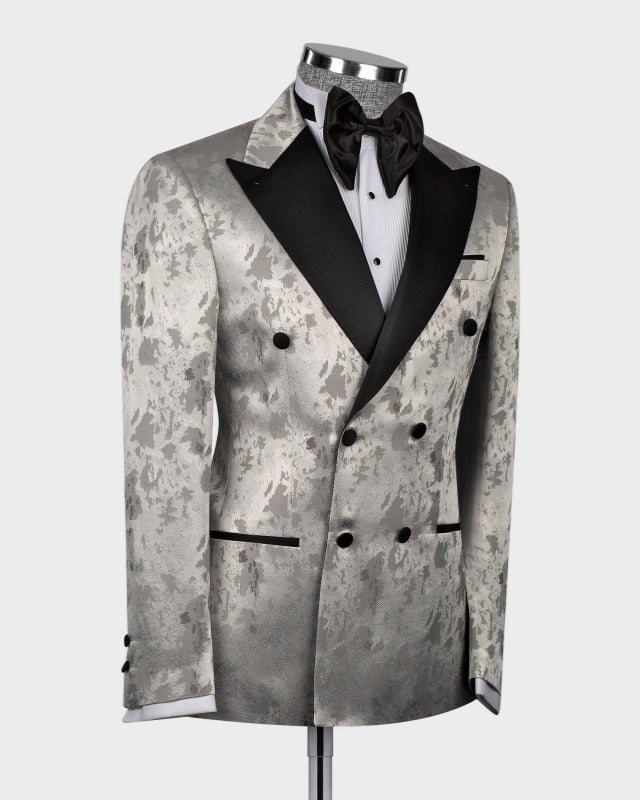 Modern Silver Gray Jacquard Double Breasted Peaked Lapel Prom Suits