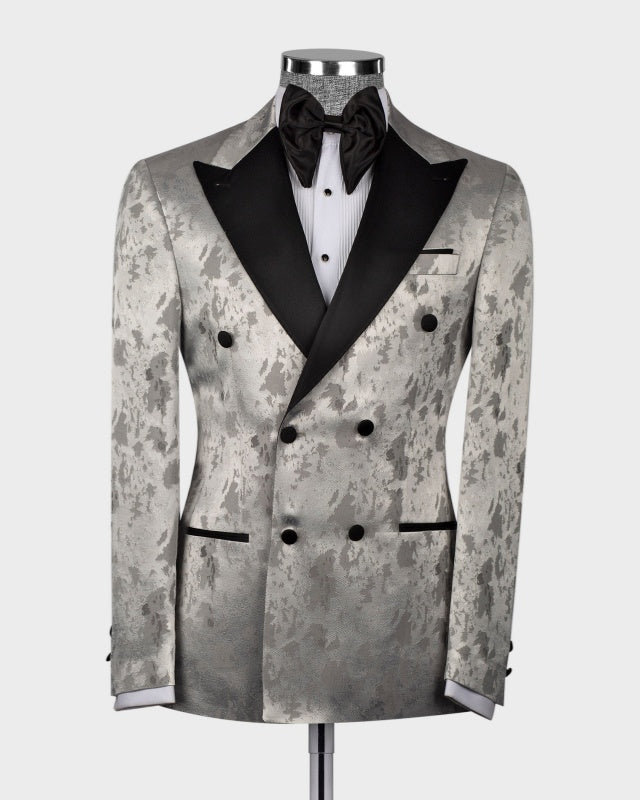 Modern Silver Gray Jacquard Double Breasted Peaked Lapel Prom Suits