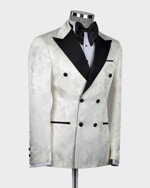 Trendy White Jacquard Double Breasted Peaked Lapel Prom Men Suits