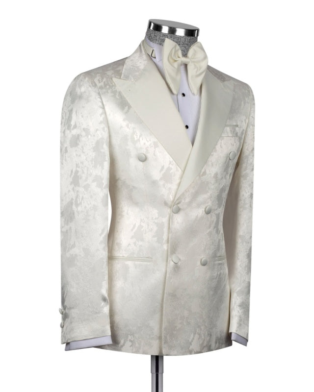 Fancy Off-white Jacquard Double Breasted Peaked Lapel Prom Suits For Men