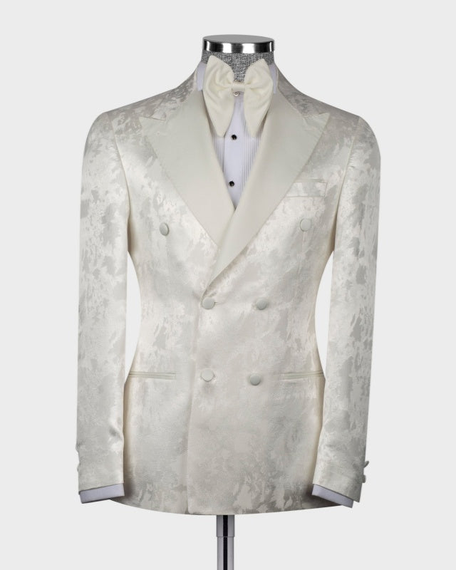 Fancy Off-white Jacquard Double Breasted Peaked Lapel Prom Suits For Men