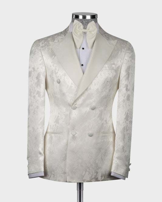 Fancy Off-white Jacquard Double Breasted Peaked Lapel Prom Suits For Men