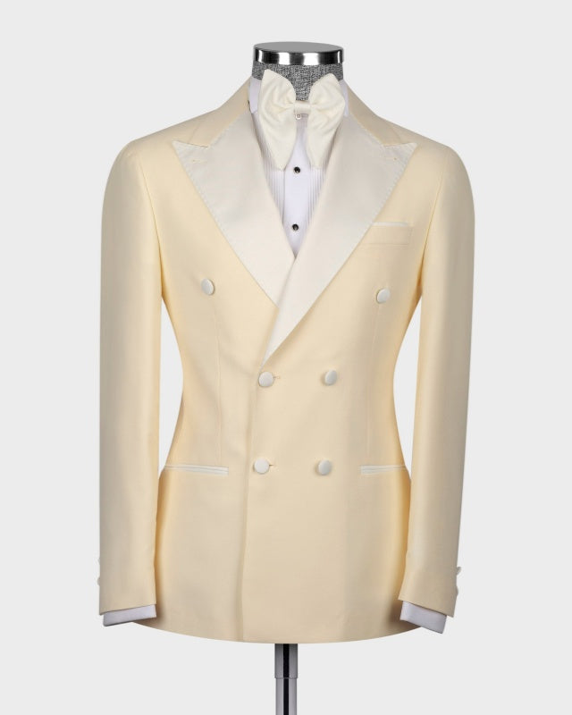 Beige Double Breasted Slim Fit Peaked Lapel Prom Suits