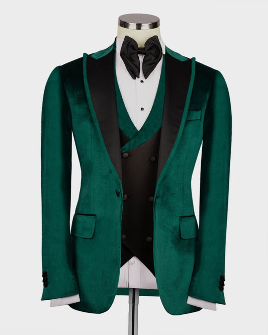 Chic Dark Green Velvet 3 Pieces Peaked Lapel Men's Prom Suits