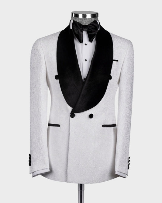 Bespoke White Jacquard Double Breasted Shawl Lapel Wedding Suits
