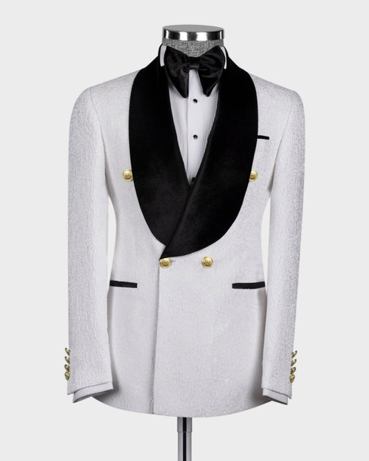 New Arrival White Jacquard Double Breasted Wedding Suits With Black Lapel