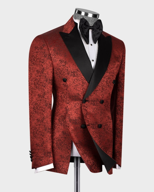 Burgundy Jacquard Double Breasted Slim Fit Men's Prom Suits