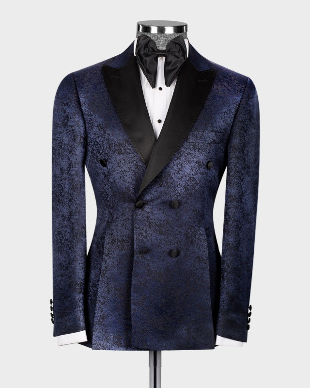 Close Fitting Dark Navy Jacquard Double Breasted Prom Suits