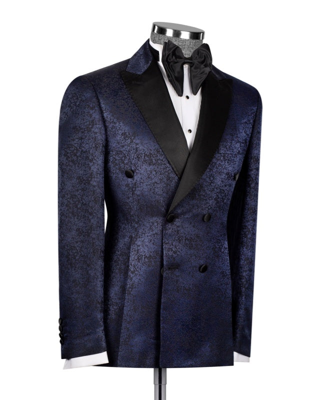 Close Fitting Dark Navy Jacquard Double Breasted Prom Suits