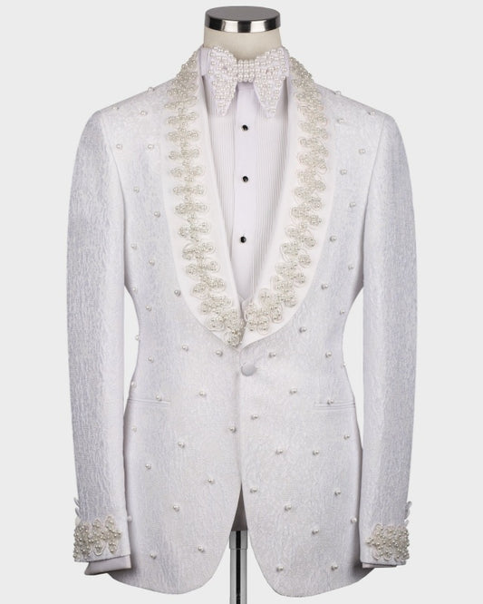 Newest White Jacquard 3 Pieces Wedding Suits With Beading