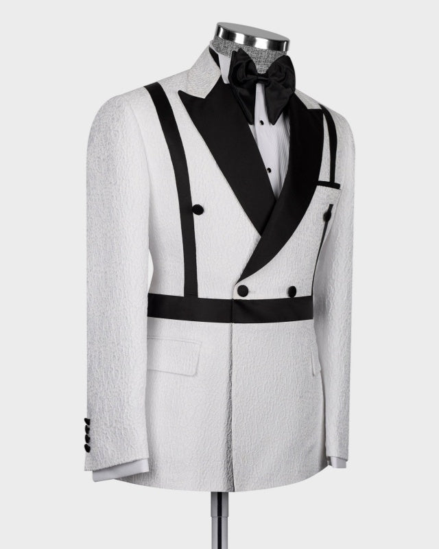 Stylish White Double Breasted Jacquard Prom Suits With Black Belt