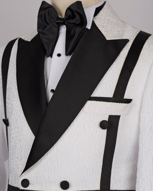 Stylish White Double Breasted Jacquard Prom Suits With Black Belt