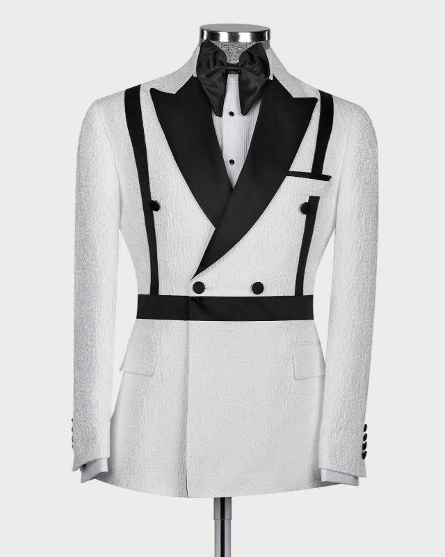 Stylish White Double Breasted Jacquard Prom Suits With Black Belt