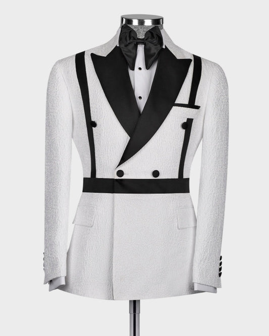 Stylish White Double Breasted Jacquard Prom Suits With Black Belt