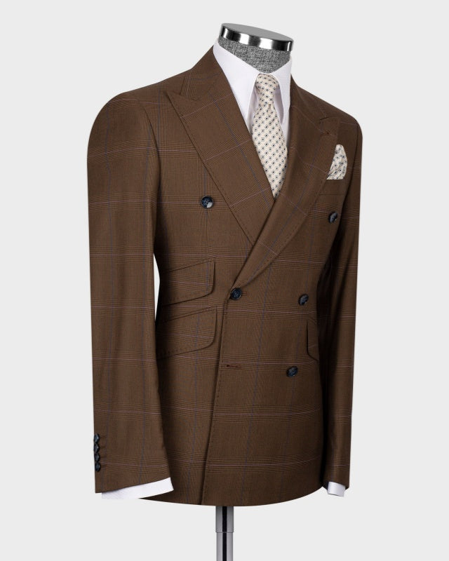 Modern Chocolate Plaid Double Breasted Business Suits