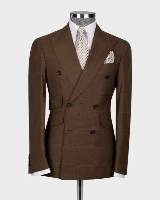 Modern Chocolate Plaid Double Breasted Business Suits