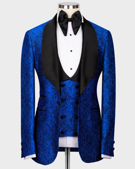 Fashion Royal Blue Jacquard 3 Pieces Shawl Lapel Prom Suits