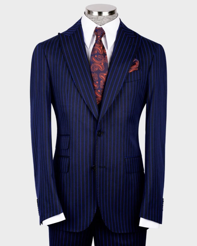 Slim Fit Navy Blue Pinstriped 3 Pieces Business Suits For Men