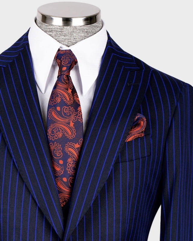 Slim Fit Navy Blue Pinstriped 3 Pieces Business Suits For Men