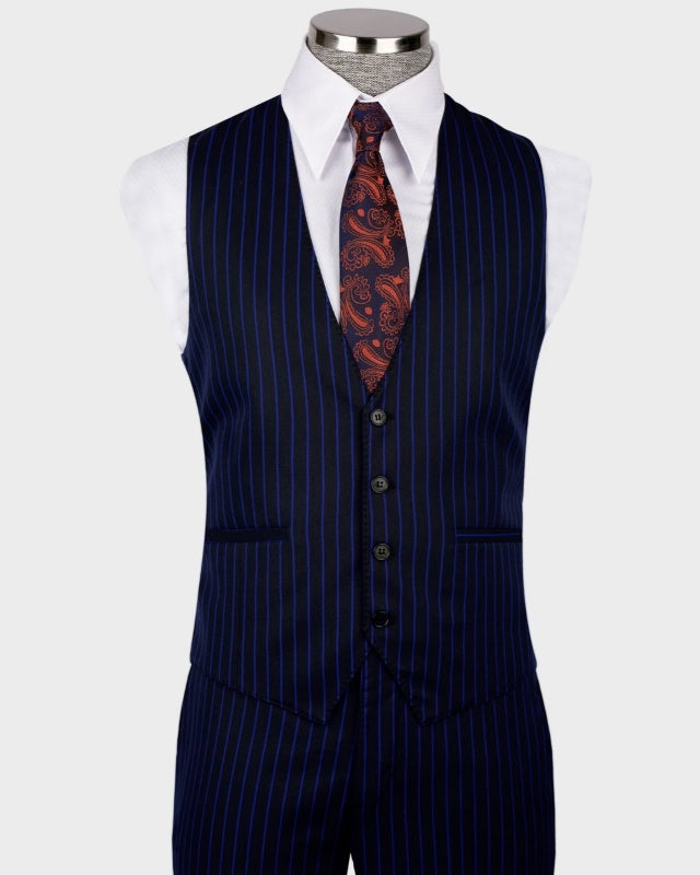 Slim Fit Navy Blue Pinstriped 3 Pieces Business Suits For Men