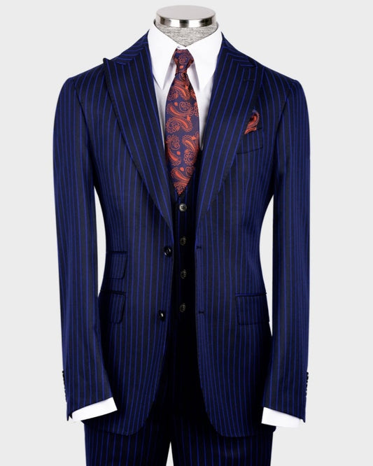 Slim Fit Navy Blue Pinstriped 3 Pieces Business Suits For Men