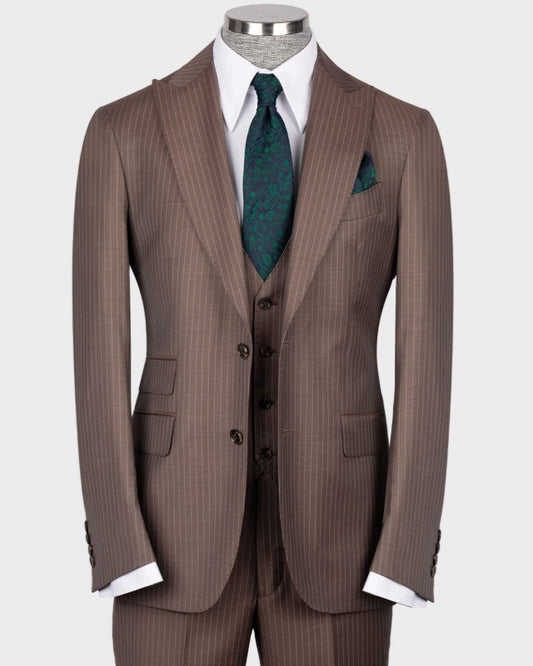 Chic Coffee Pinstriped 3 Pieces Business Suits For Men