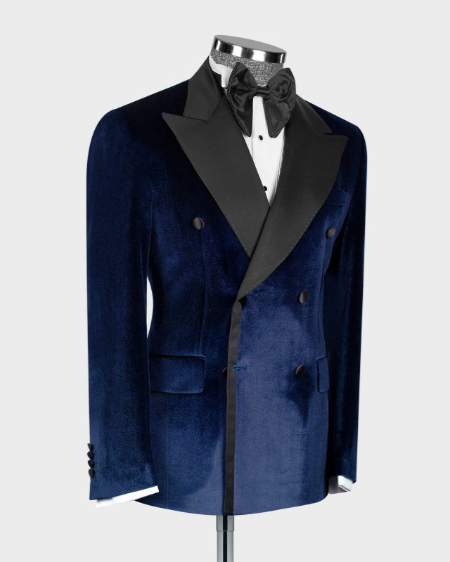 Cool Navy Blue Velvet Double Breasted Prom Men Suits