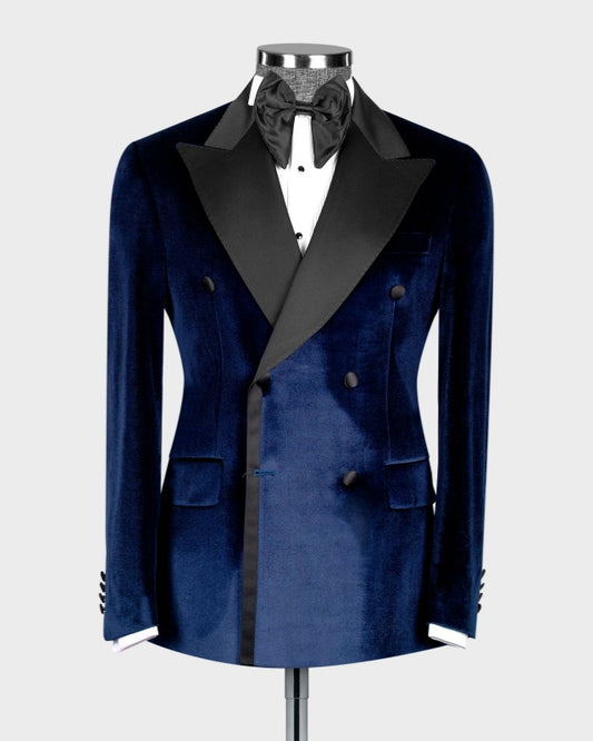 Cool Navy Blue Velvet Double Breasted Prom Men Suits