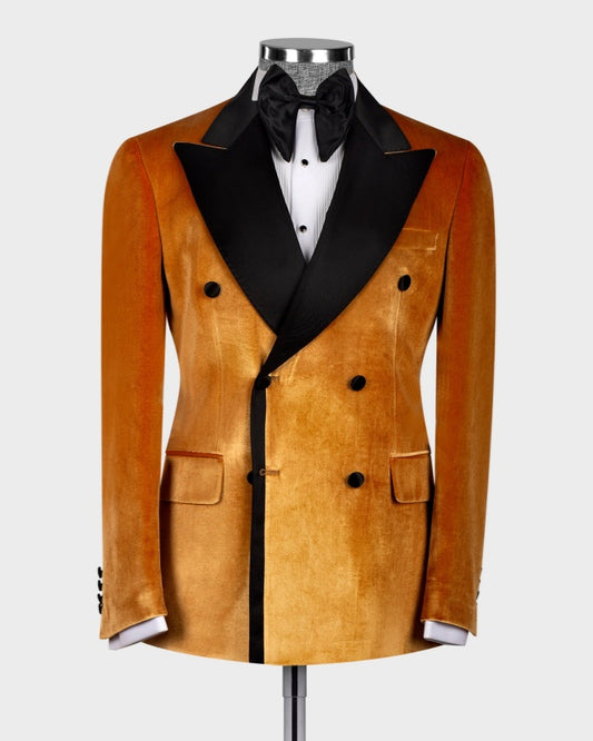 Trendy Orange Velvet Double Breasted Slim Fit Prom Suits