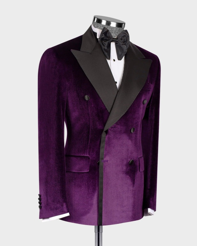 Close Fitting Grape Velvet Double Breasted Prom Suits For Men