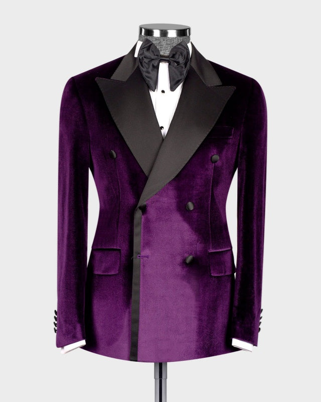 Close Fitting Grape Velvet Double Breasted Prom Suits For Men