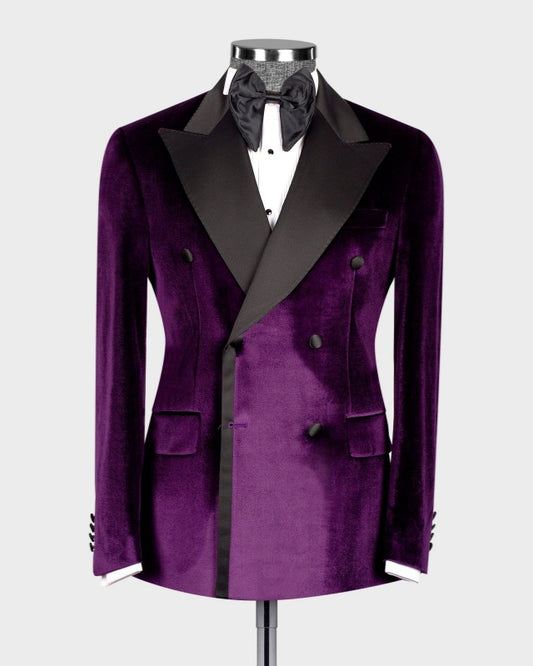 Close Fitting Grape Velvet Double Breasted Prom Suits For Men