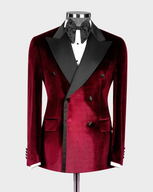 Fashion Fancy Burgundy Velvet Double Breasted Prom Suits For Men