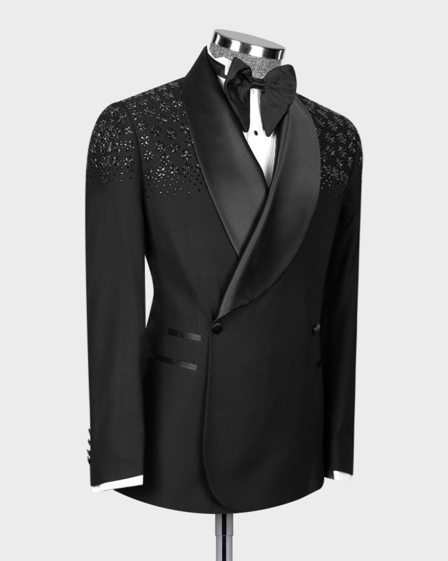 Fashion Black Double Breasted Prom Suits With Appliques