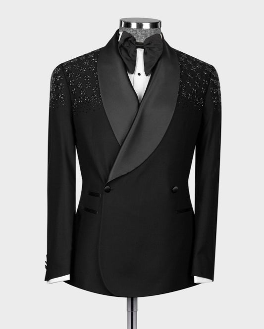 Fashion Black Double Breasted Prom Suits With Appliques