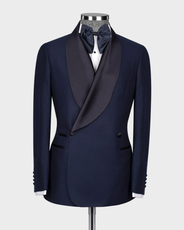 Close Fitting Classic Navy Blue Double Breasted Wedding Suits For Groom