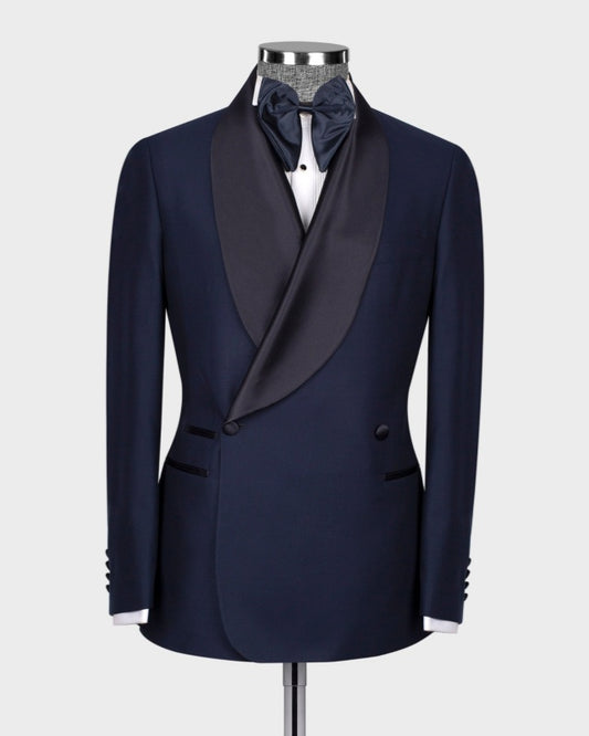 Close Fitting Classic Navy Blue Double Breasted Wedding Suits For Groom