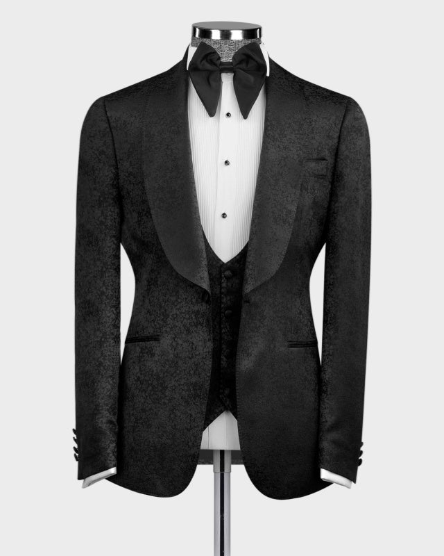 Classic Black Jacquard 3 Pieces Slim Fit Wedding Suits For Men