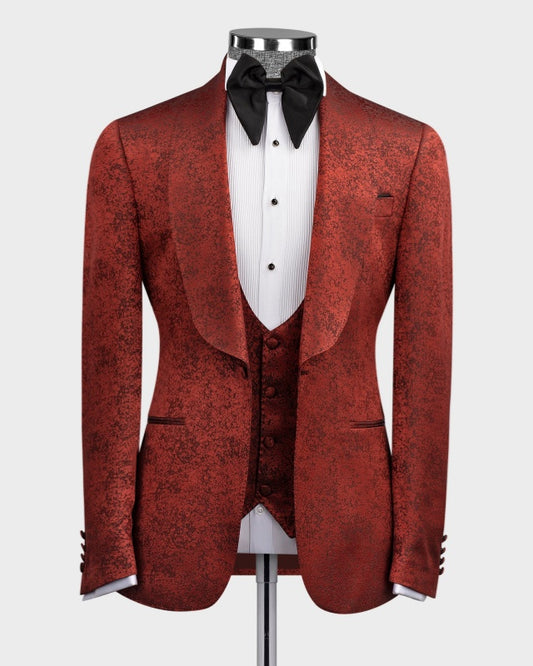 Trendy Burgundy 3 Pieces Jacquard Chic Men's Wedding Suits