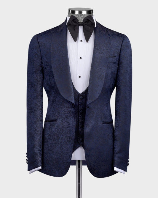 Newest Dark Navy 3 Pieces Jacquard Wedding Suits For Groom