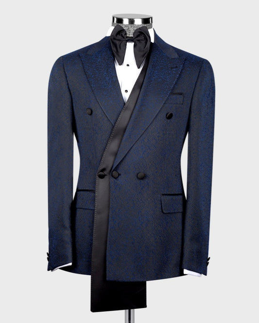 Close Fitting Navy Blue Chic Jacquard Peaked Lapel Prom Men Suits