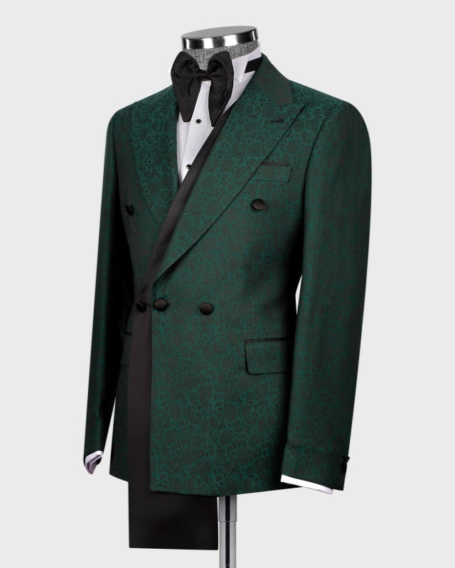 Bespoke Dark Green Jacquard Three Breasted Prom Suits For Men
