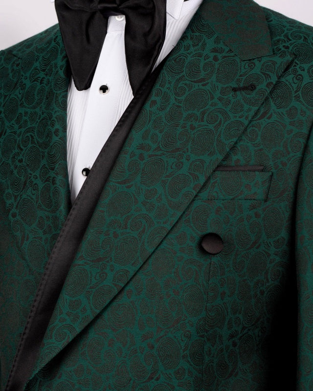 Bespoke Dark Green Jacquard Three Breasted Prom Suits For Men