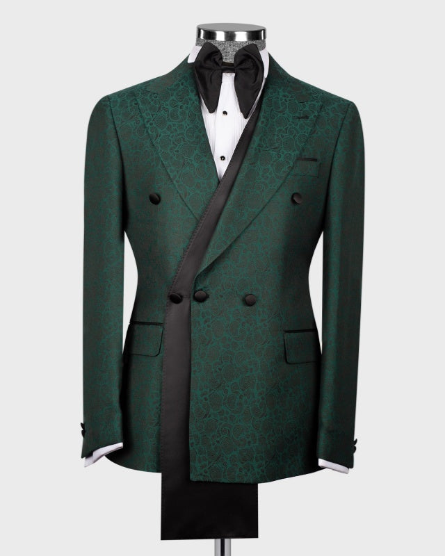 Bespoke Dark Green Jacquard Three Breasted Prom Suits For Men