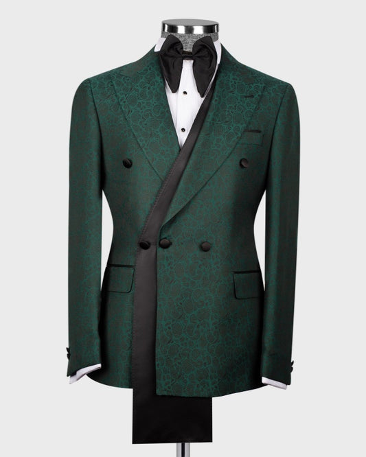 Bespoke Dark Green Jacquard Three Breasted Prom Suits For Men