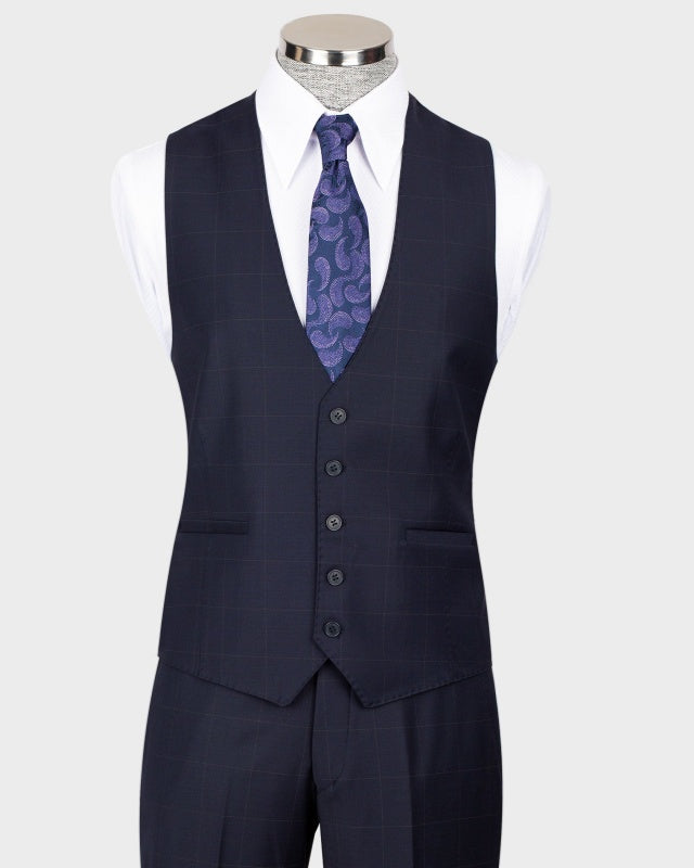Formal Dark Navy 3 Pieces Plaid Close Fitting Business Suits