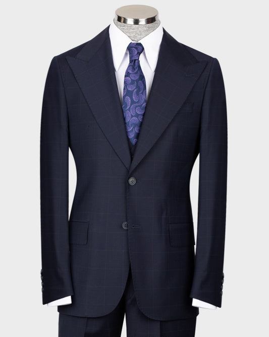 Formal Dark Navy 3 Pieces Plaid Close Fitting Business Suits