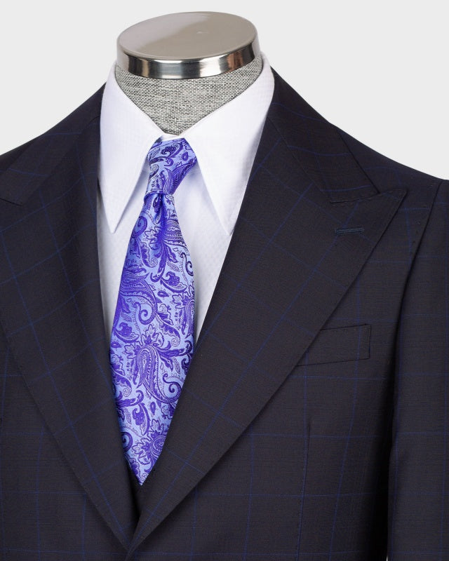 Stylish Dark Navy 3 Pieces Plaid Slim Fit Business Suits