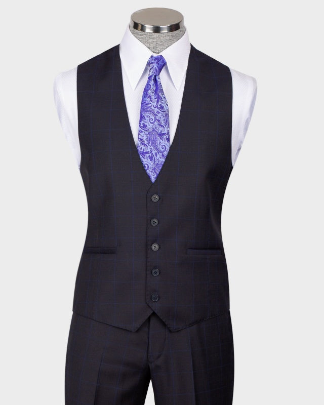 Stylish Dark Navy 3 Pieces Plaid Slim Fit Business Suits